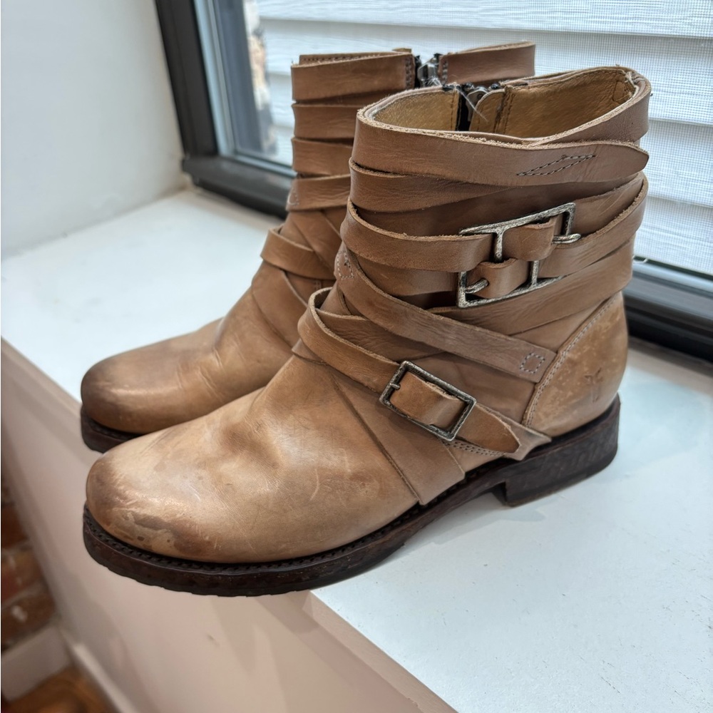 Frye Veronica Strappy Tan Leather Boots